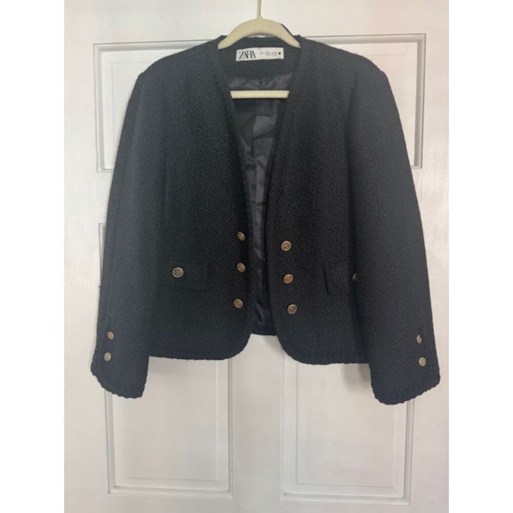 Zara tweed open front lady jacket/blazer, Black, Large.